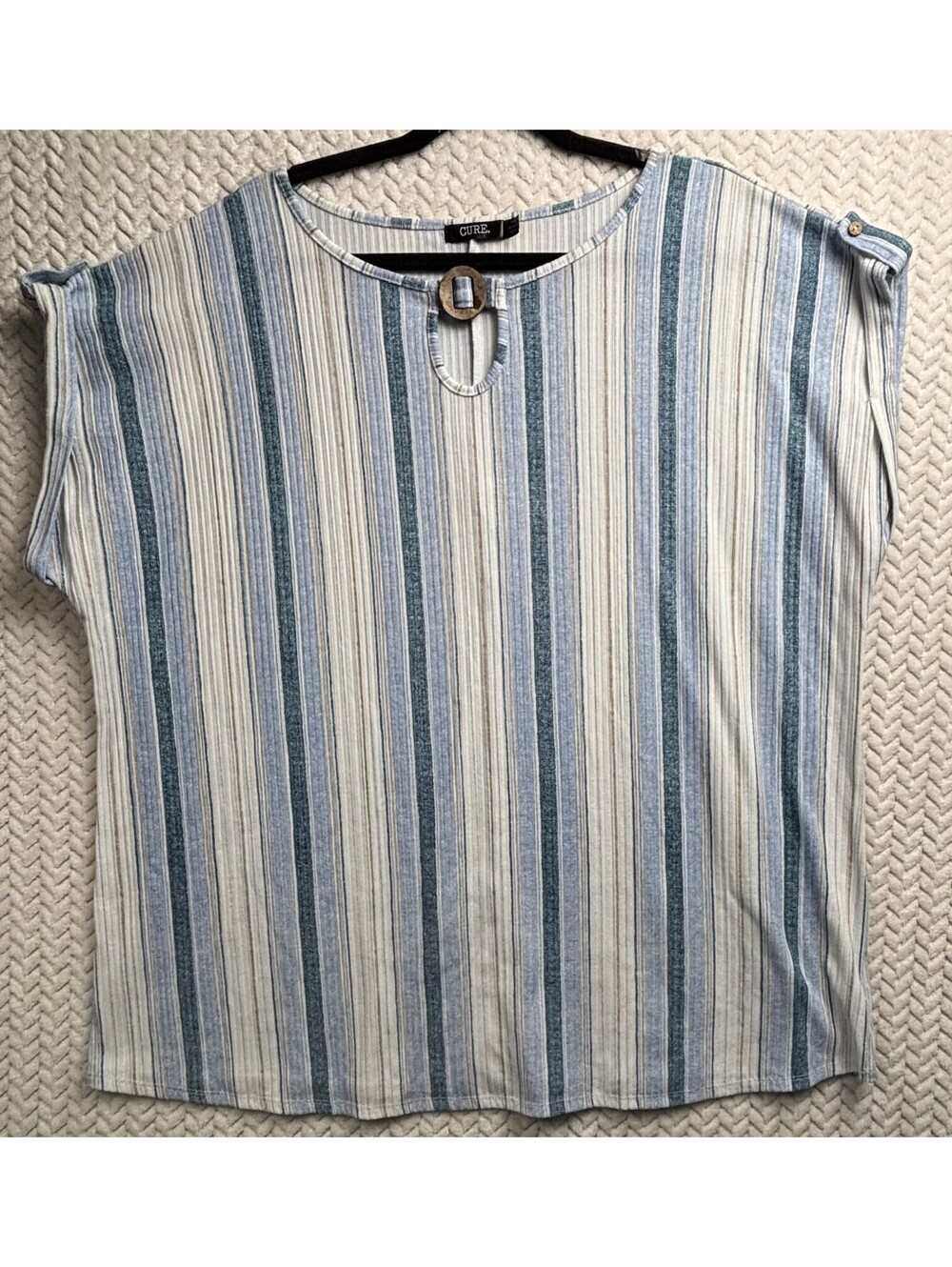 CURE. Women's 3XL Striped Short Sleeve Top with Wooden Buckle Detail